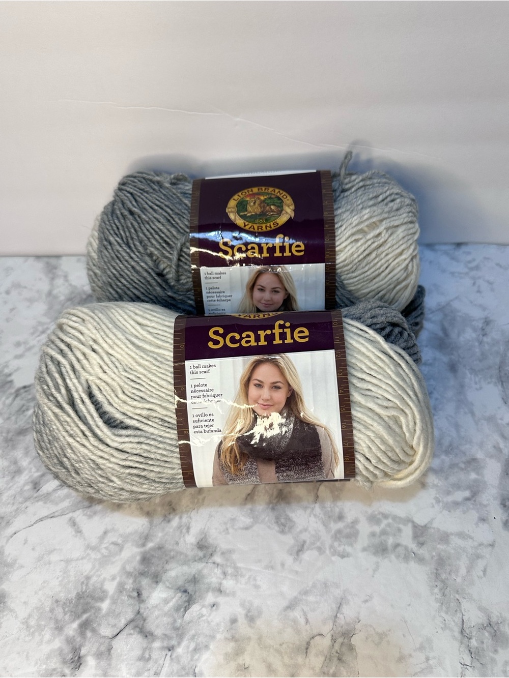 Title: Lion Brand Scarfie Yarn Cream Silver Lot of 2 Skeins Bulky 5 Wool Blend